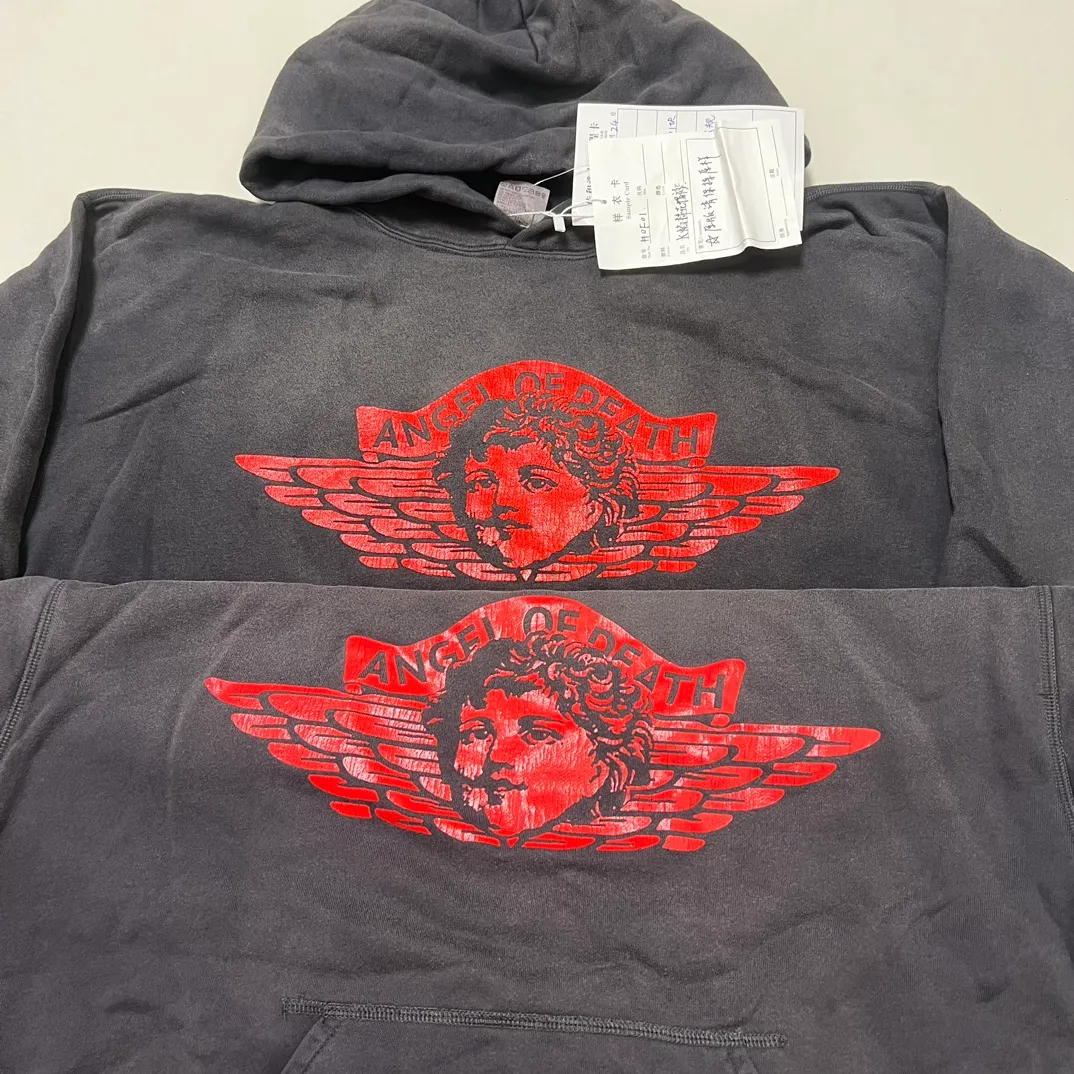 Printed proofing SAINT Mxxxxxx ANGEL HOODIE/BLK Angel Reborn Cracked Printed Retro Distressed Hoodie Washed Black S-XL
